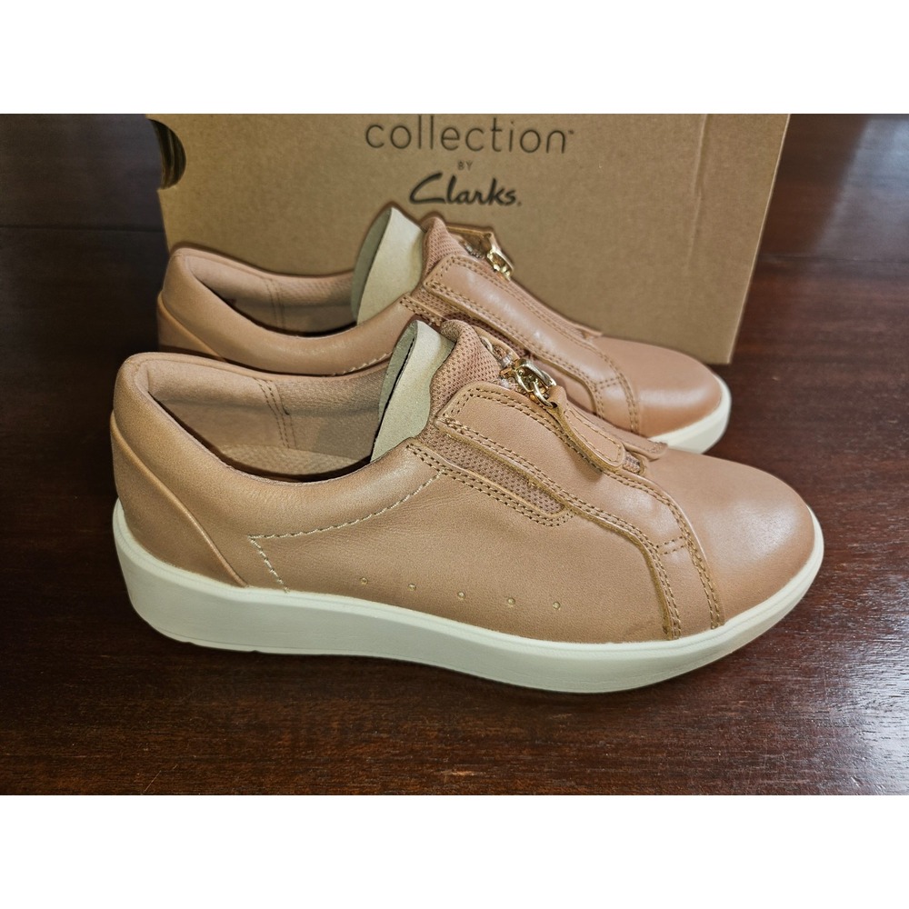 Clarks Collection Front Zip Casual Sneaker Layton‎ Rae Tan Leather Size 5 New